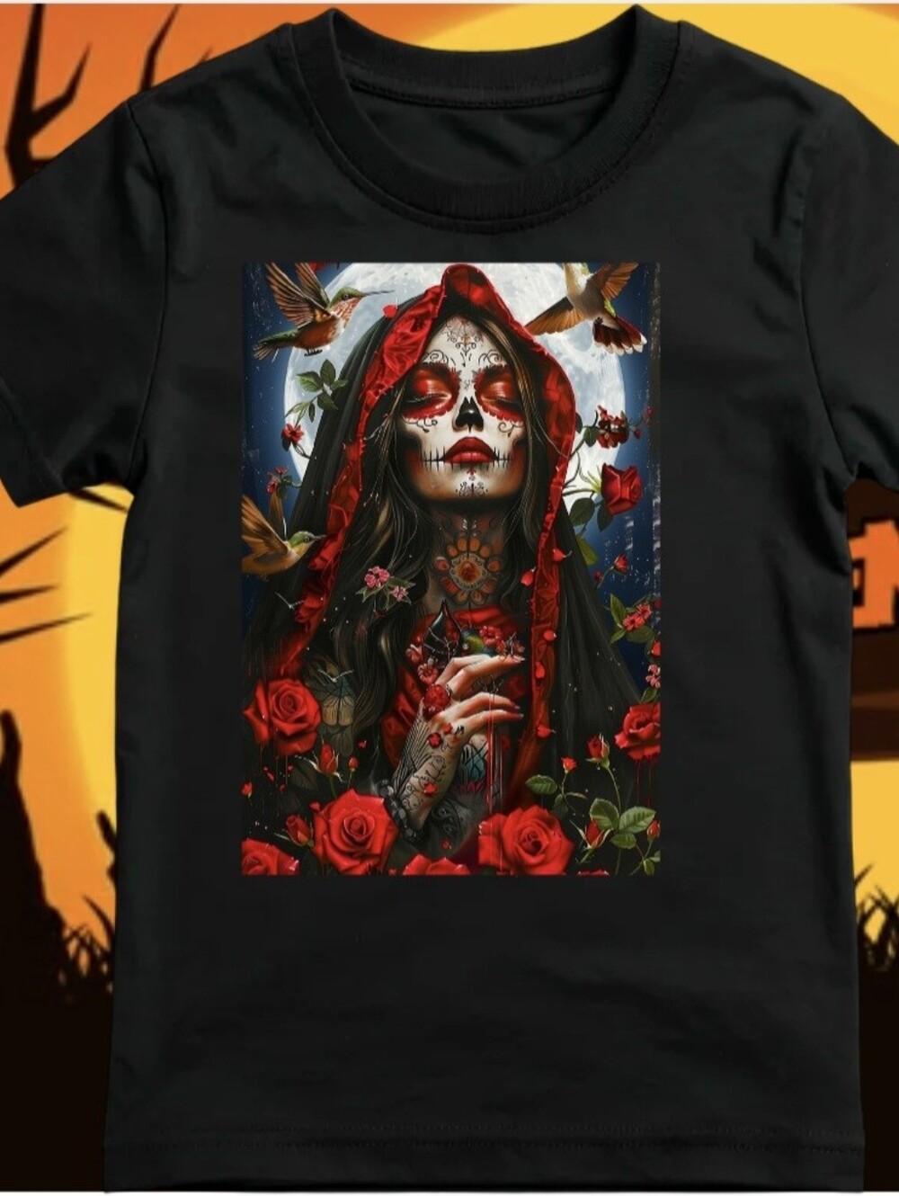Gothic Hooded Catrina Graphic Tee Hand-Placed Crystals